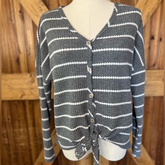 Altar'd State Sweaters - Altar’d State Gray White Striped Button Front Tie Hem Lightweight Sweater Sz S